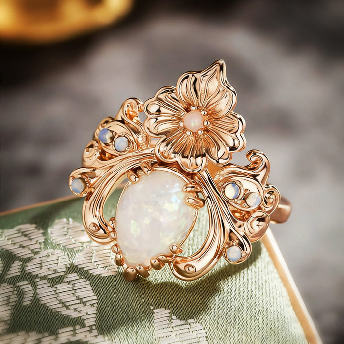 Women's teardrop micro-inlaid imitation opal forest style small fresh ring