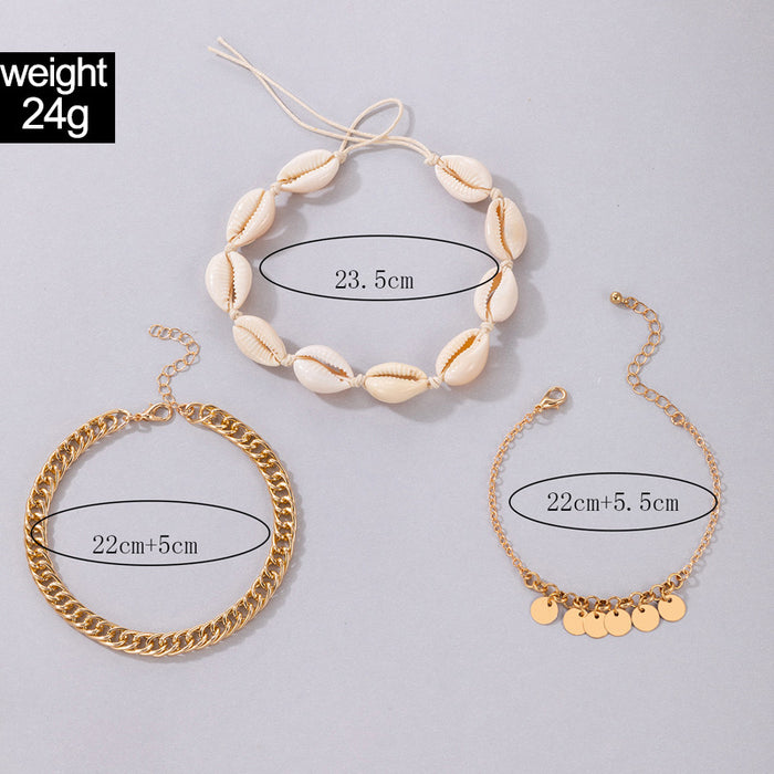 Beach-Style Shell Triple-Layer Anklet with Geometric Disc Chain Design