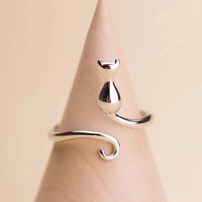 Lindo anillo abierto con orejas de gato, anillo de dibujos animados de animales pequeños