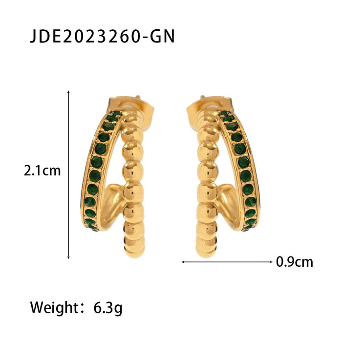 Pendientes de acero inoxidable chapado en oro de 18 quilates de estilo francés: pendientes en forma de C con incrustaciones de circonitas verdes de doble capa para mujer