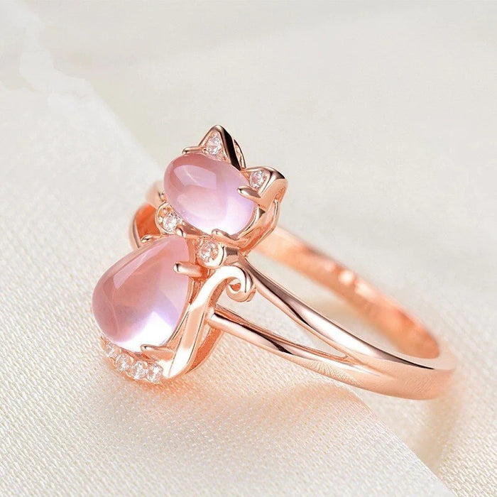 Anillo de cristal rosa con diseño de rosa de gato lindo japonés y coreano