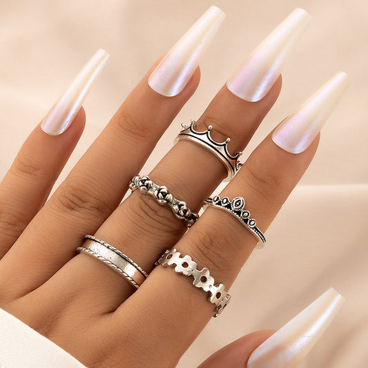 Flower hollow multi-piece ring set, geometric crown five-piece set