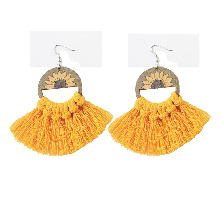 Bohemian Handwoven Cotton Tassel Earrings with Wooden Sunflower Fan Design