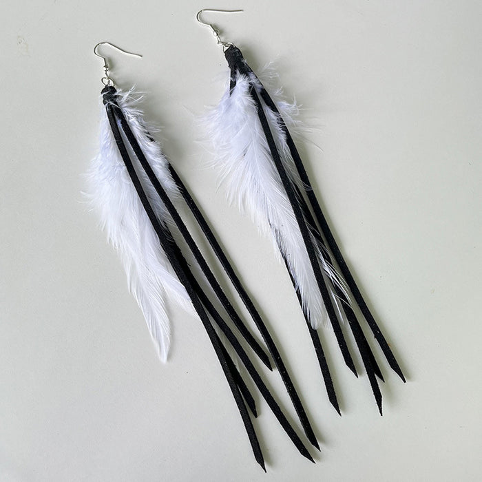 Bohemian Leather Tassel Earrings with Natural Feather Design