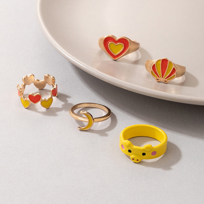 Scallop double-layer love moon pig oil drop 5-piece ring