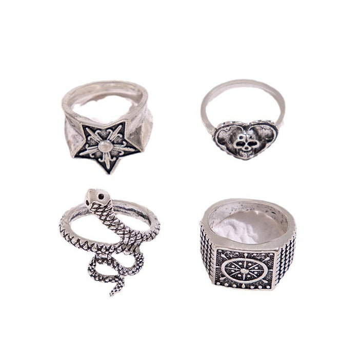 Star Heart Skull Snake Four-Piece Ring Set