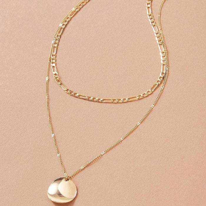 Alloy Round Disc Double Layer Necklace with Geometric Chain Multi-Layer Design