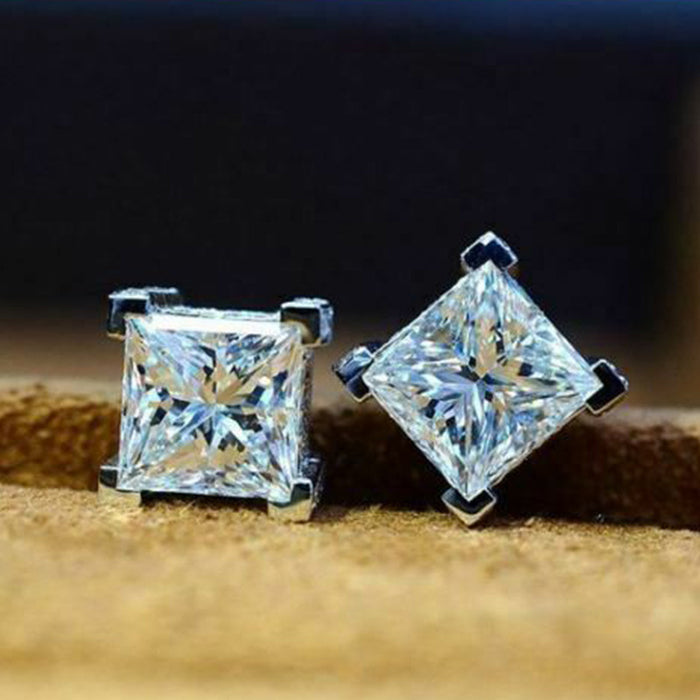 Square four-claw copper plated white gold earrings for women