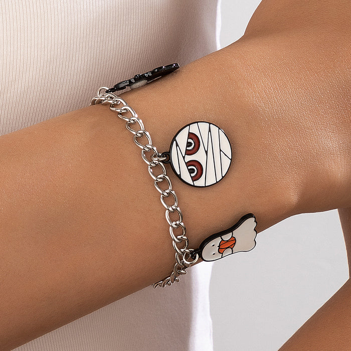 Halloween Pumpkin Enamel Anklet with Cat and Ghost Bead Charm