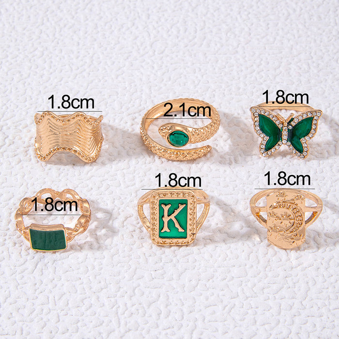 Retro Green Rhinestone Butterfly Snake Ring Set - Luxury Geometric Six-Piece Set