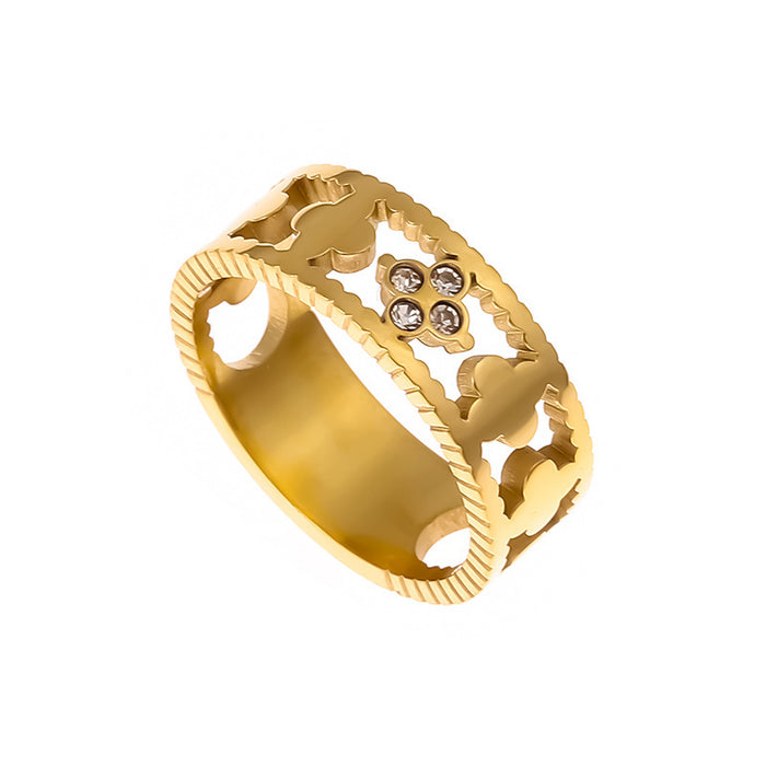 Wholesale stainless steel and titanium steel diamond-encrusted openwork four-leaf clover rings