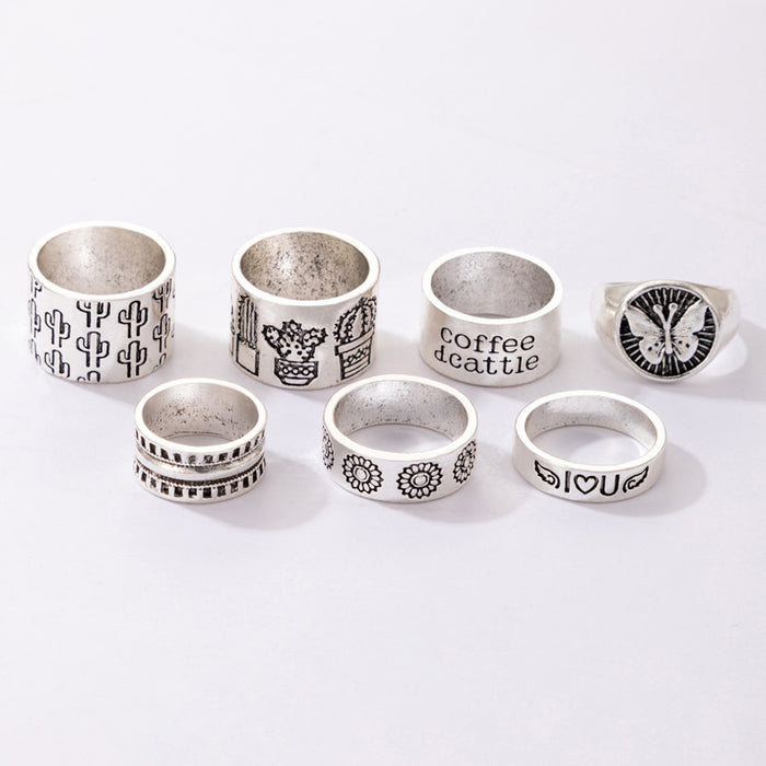 Vintage Alphabet Butterfly Cactus Ring 7-Piece Set