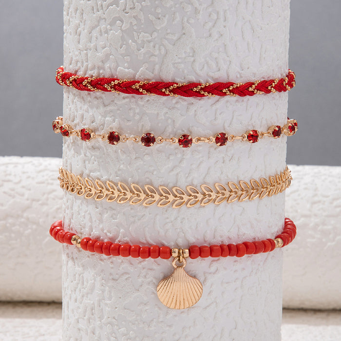 Bohemian Shell Tassel Beaded Anklet Set - Multilayer Leaf Jewelry