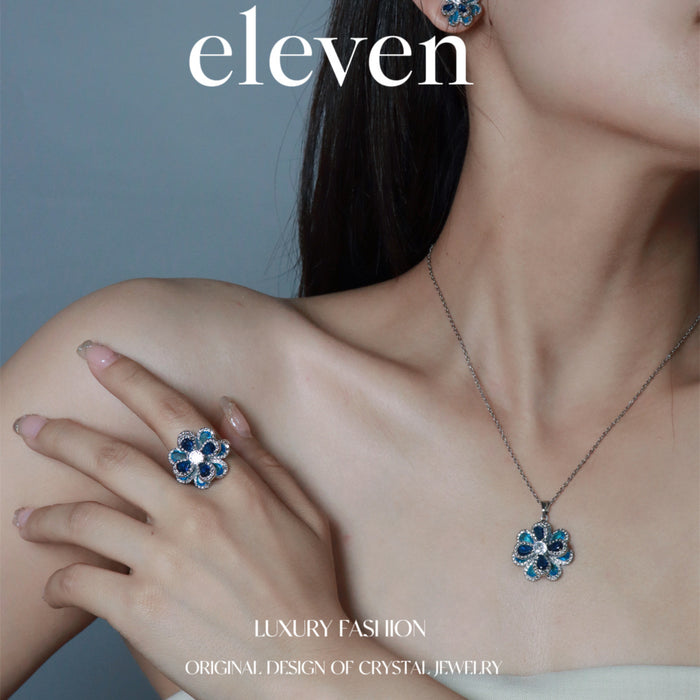 Luxury Flower Zircon Earrings - Blue Camellia Pendant Set for a Chic Look