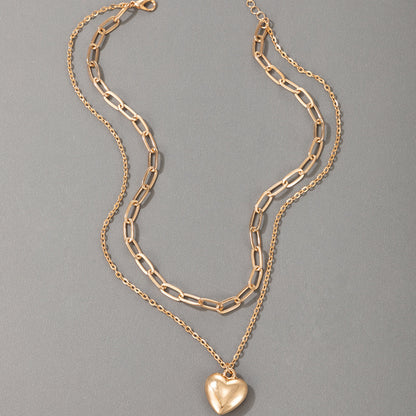 Heavy Metal Alloy Heart Double Layer Necklace with Geometric Chain Multi-Layer Clavicle Design