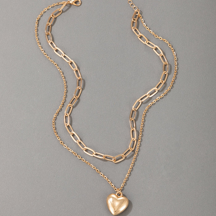 Heavy Metal Alloy Heart Double Layer Necklace with Geometric Chain Multi-Layer Clavicle Design