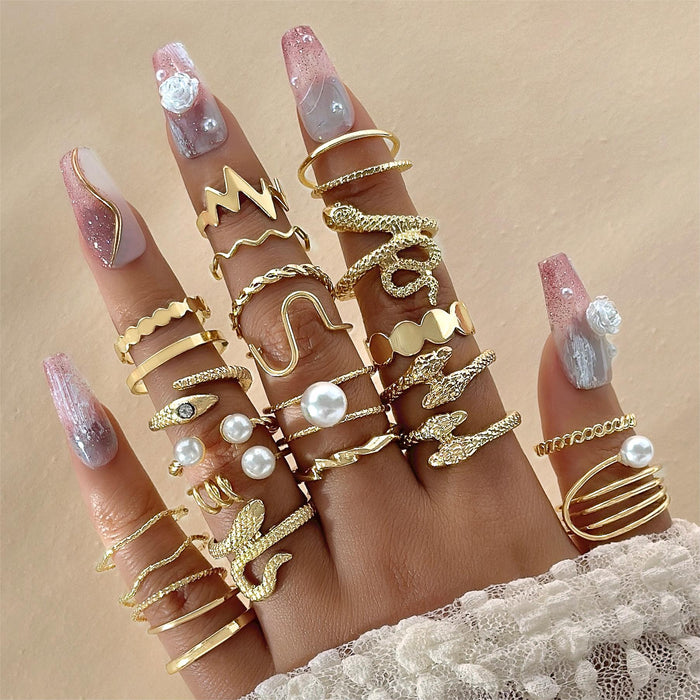 New Wrapped Snake Multi-Joint Ring Set – Design-Inspired Faux Pearl Open Rings, 23-Piece Collection