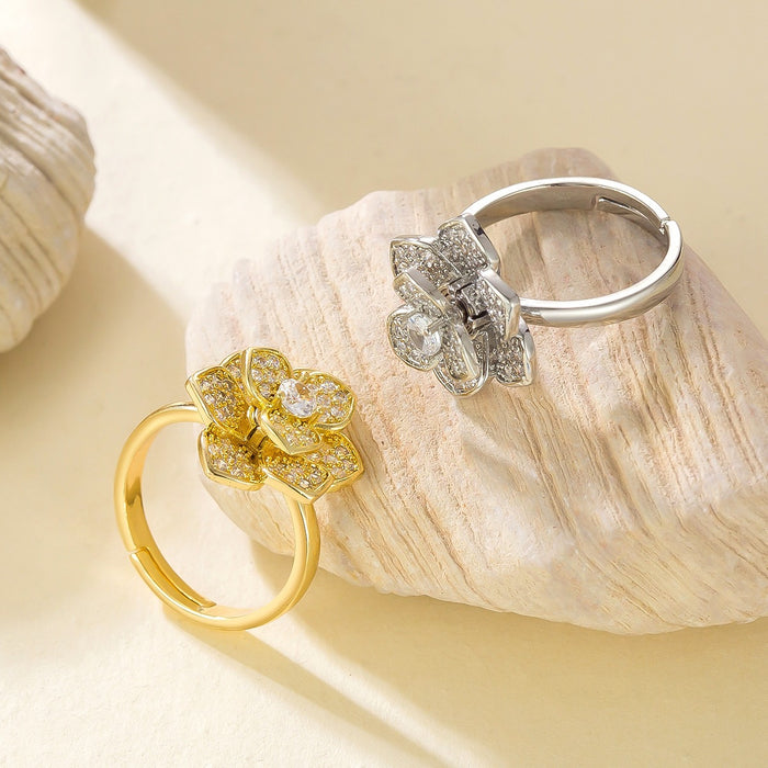 Wholesale copper micro-painted zircon flower rotating open ring
