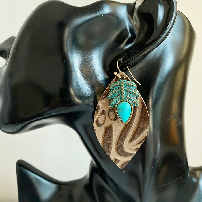 Vintage Embossed Cowhide Earrings with Turquoise and High-Quality Texture