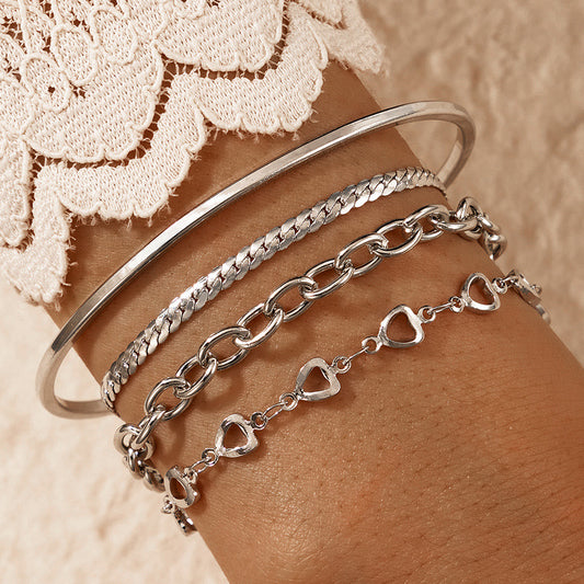 Silver Bracelet Set - Valentine's Heart Gift Boho Four-Piece Cuff Collection