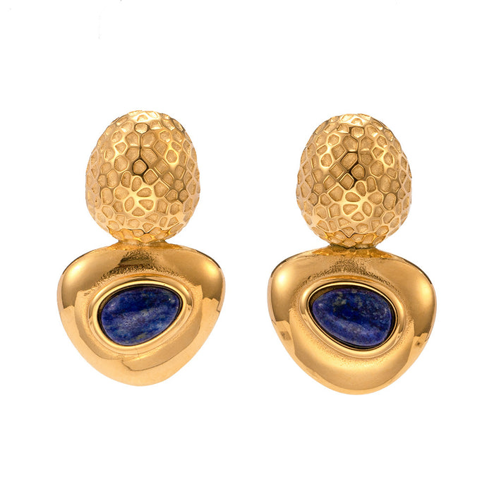 European Style New 18K Gold-Plated Stainless Steel Oval Hammered Earrings with Lapis Lazuli Triangle Studs