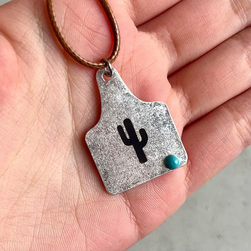 Western Cowboy Necklace with Vintage Cactus, Bull Head, Horseshoe, and Turquoise on Leather