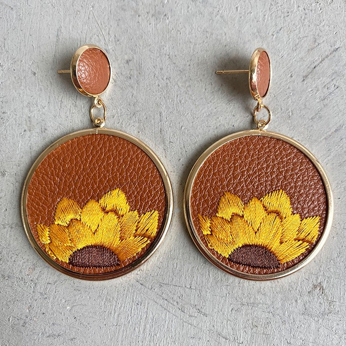 Leather Embroidered Sunflower Earrings with High-Quality Bohemian Design