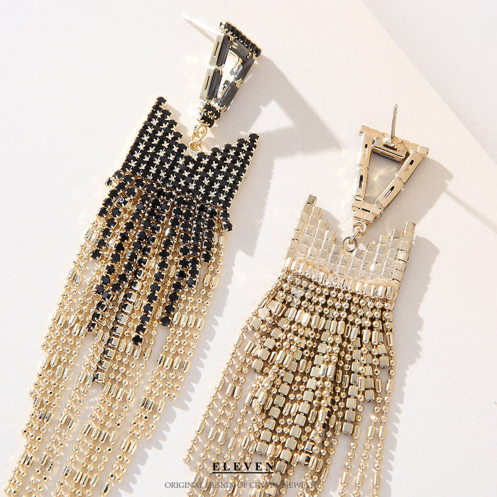 Exaggerated Rhinestone Tassel Earrings - Long Dangle Jewelry for a Bold Look