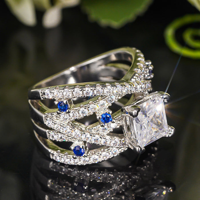 Women's cross-line square imitation sapphire ring