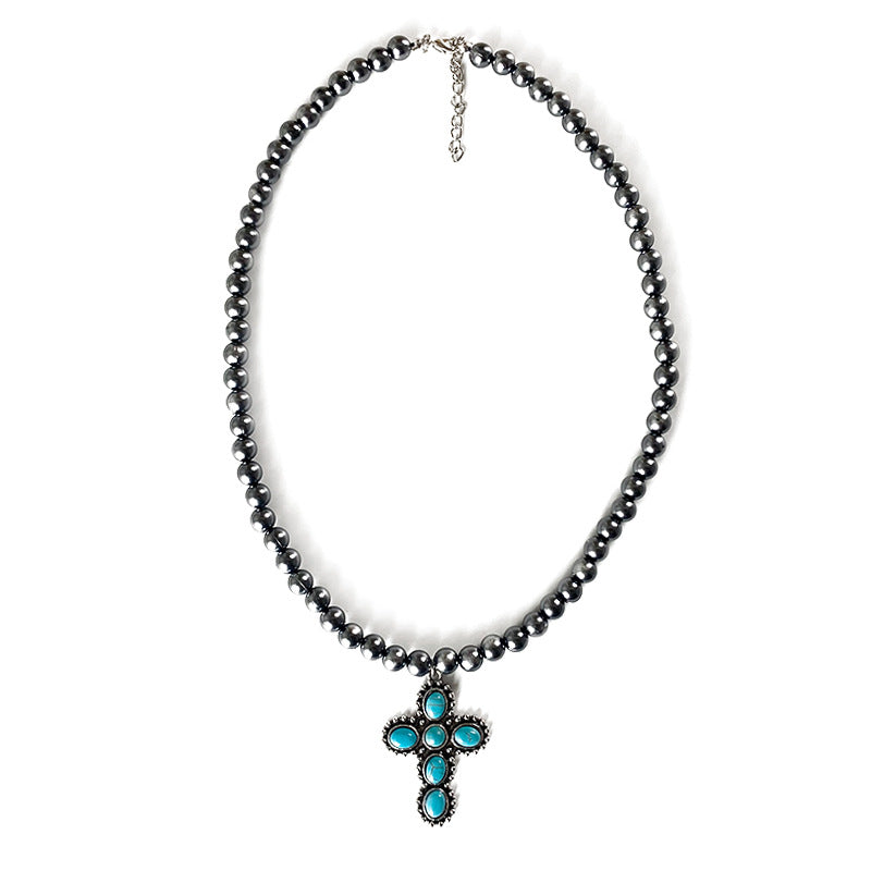 Western Cowboy Necklace with Vintage Cross, Bull Head, Cactus, and Turquoise - Bold and High-End Design