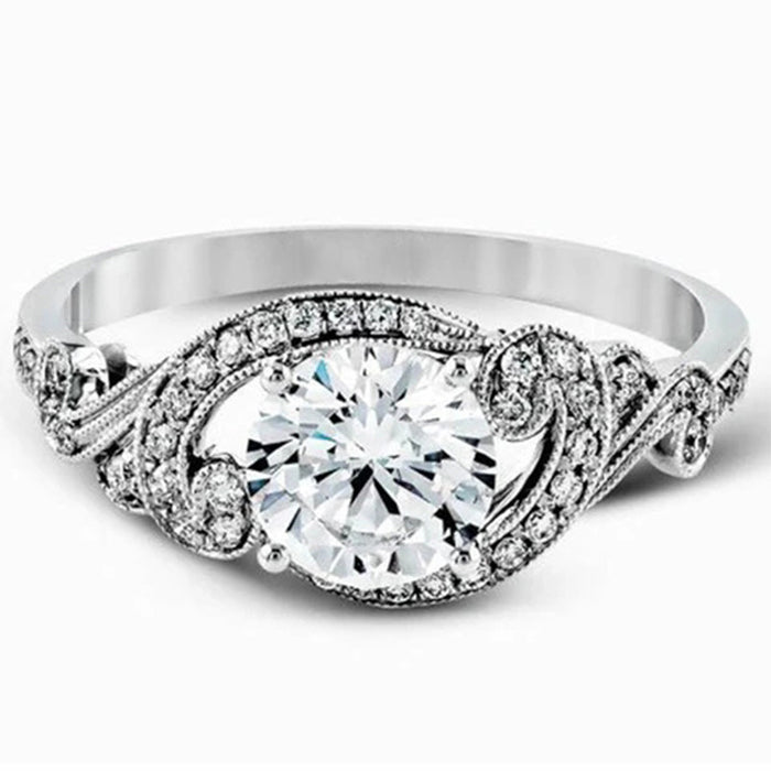 Platinum-plated twisted arm winding inlaid simulated zircon ring engagement ring