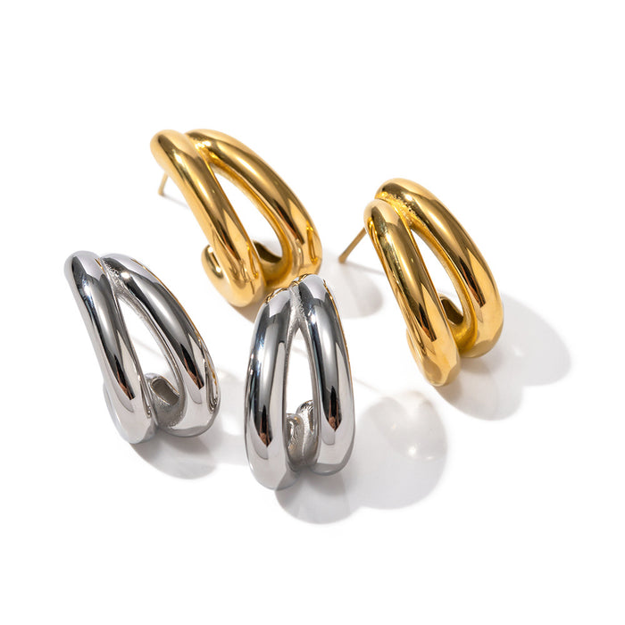 18K Gold Plated Stainless Steel Double Layer Hollow C-Shape Earrings - Geometric Design for Women