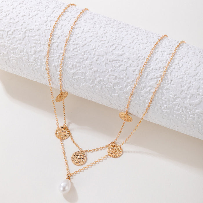 Pearl Pendant Double-Layer Necklace - Geometric Round Piece Multilayer Choker