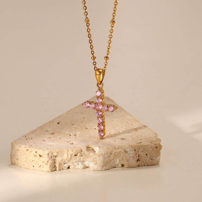 Trendy 18K Gold-Plated Stainless Steel Necklace - Pink Zircon Cross Pendant, Popular Women's Jewelry