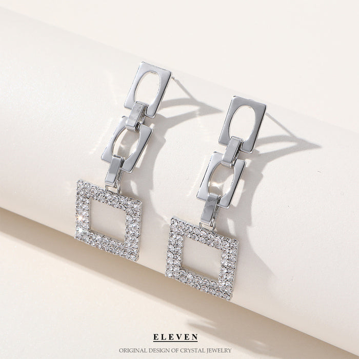 Korean Geometric Rhinestone Earrings - Long Square Drop Earrings for Women