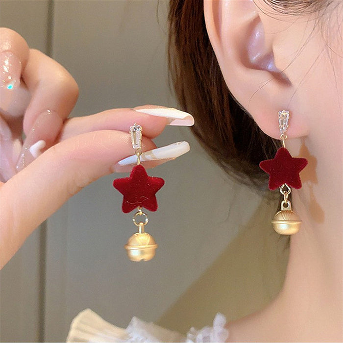 Christmas red five-pointed star earrings sweet bell silver needle earrings