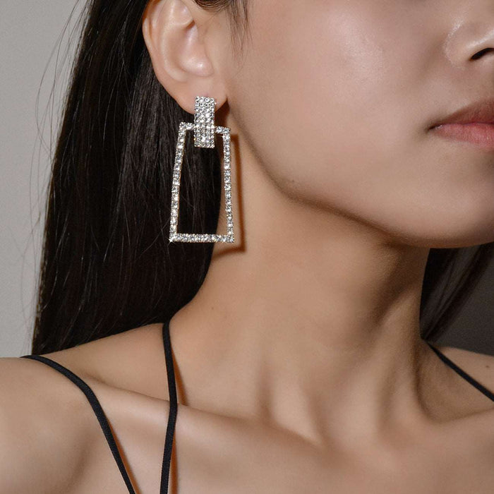 Geometric alloy diamond and rhinestone long tassel earrings