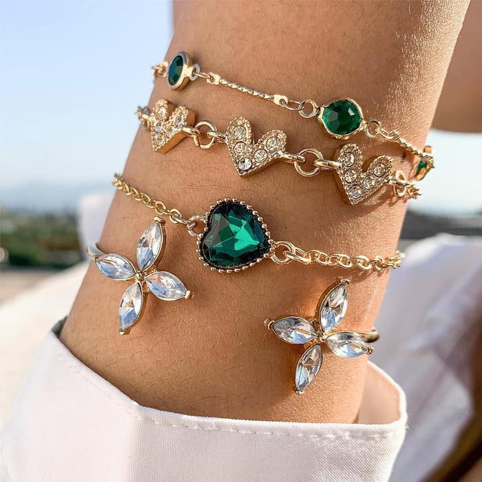 Luxury Faux Emerald Heart Bracelet Set - Creative Snake Butterfly Open Cuff Jewelry