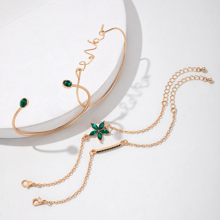 Conjunto de pulseras de diamantes de imitación con flores verdes: joyería multicapa de cuatro piezas para mujer