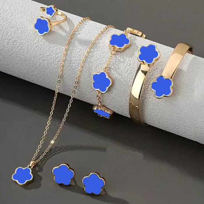 Wholesale 5-piece set of five-petal flower necklace, bracelet, bangle, earrings, and ring - wallojewerly 