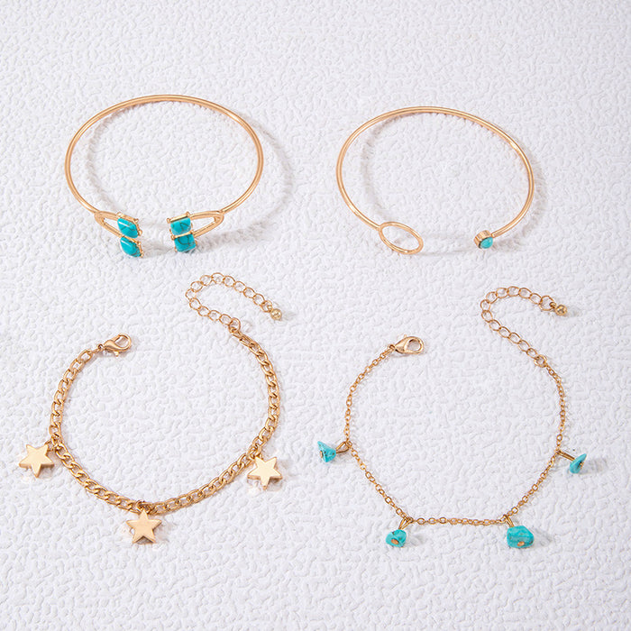 New Design Star Pendant Bracelet Four-Piece Set - Ethnic Style Turquoise Open Bangle