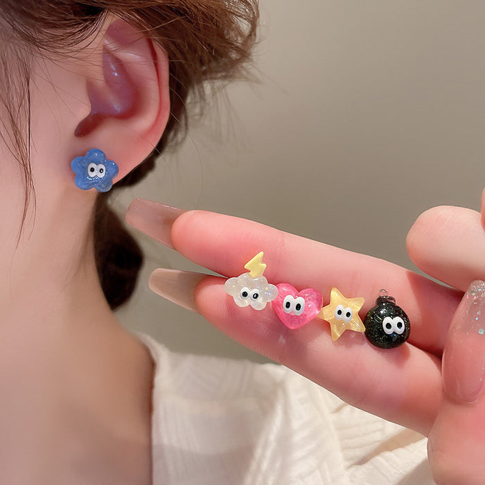 Coal ball small eye ear clip S925 silver needle mini star earrings