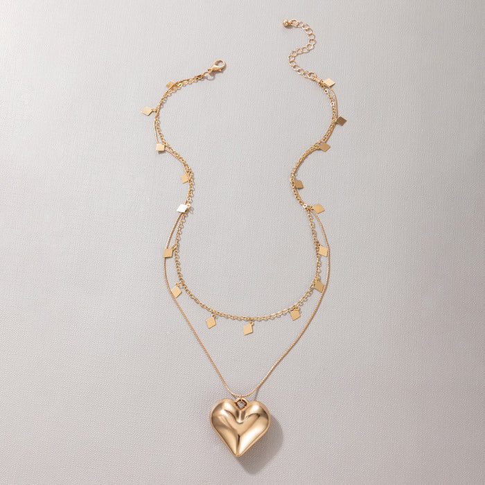 Alloy Heart Pendant Double-Layer Necklace - Geometric Rhombus Round Piece Multilayer Choker