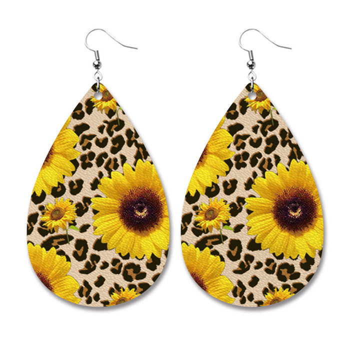 PU Leather Teardrop Earrings with Buffalo Plaid and Sunflower Print