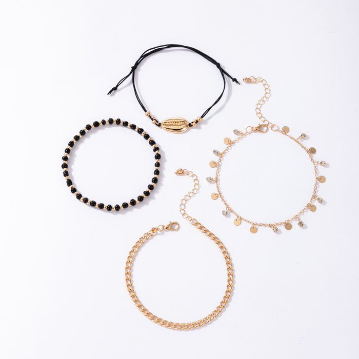 New Shell and Bead Anklet Set - Trendy Four-Layer Ankle Bracelets