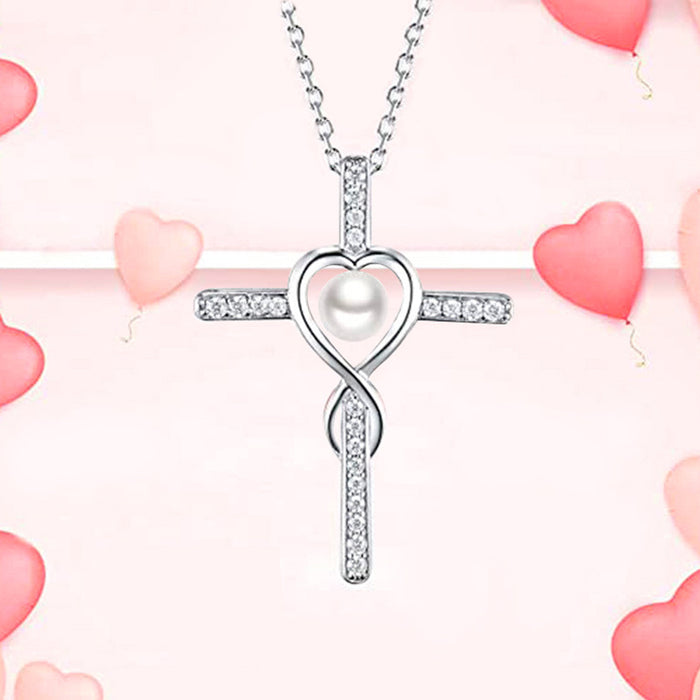 Hollow Cross Heart Pendant Imitation Pearl Necklace