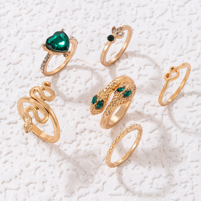 Emerald inlaid heart ring set, geometric snake zodiac six-piece set