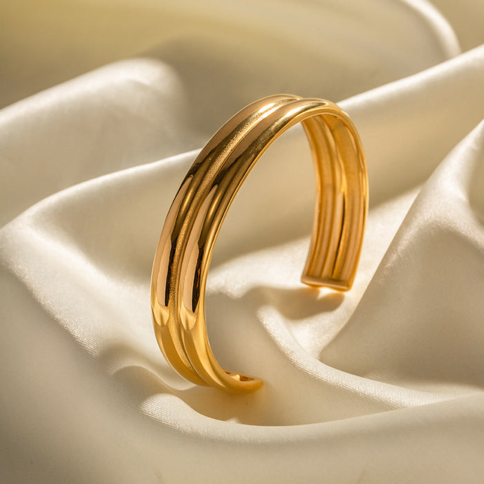 18K Gold Plated Stainless Steel Double Layer Exaggerated Cuff Bracelet - Fashion Jewelry for Women