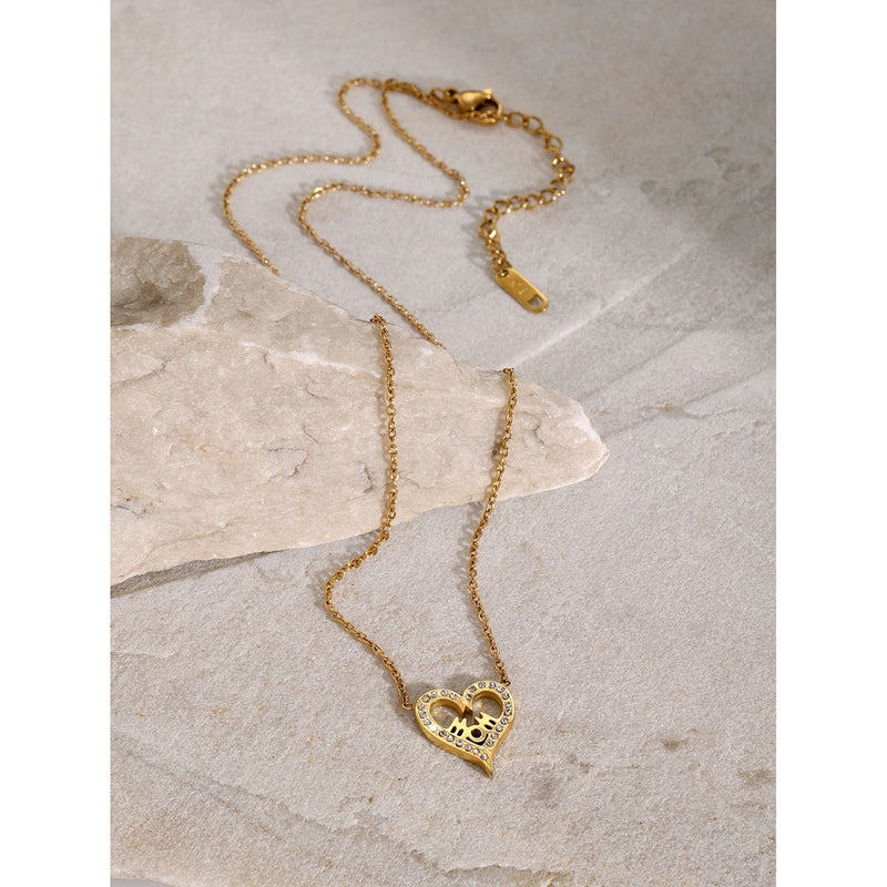18K Gold-Plated Heart MOM Necklace with Diamond Inlay - Mother's Day Jewelry - wallojewerly 