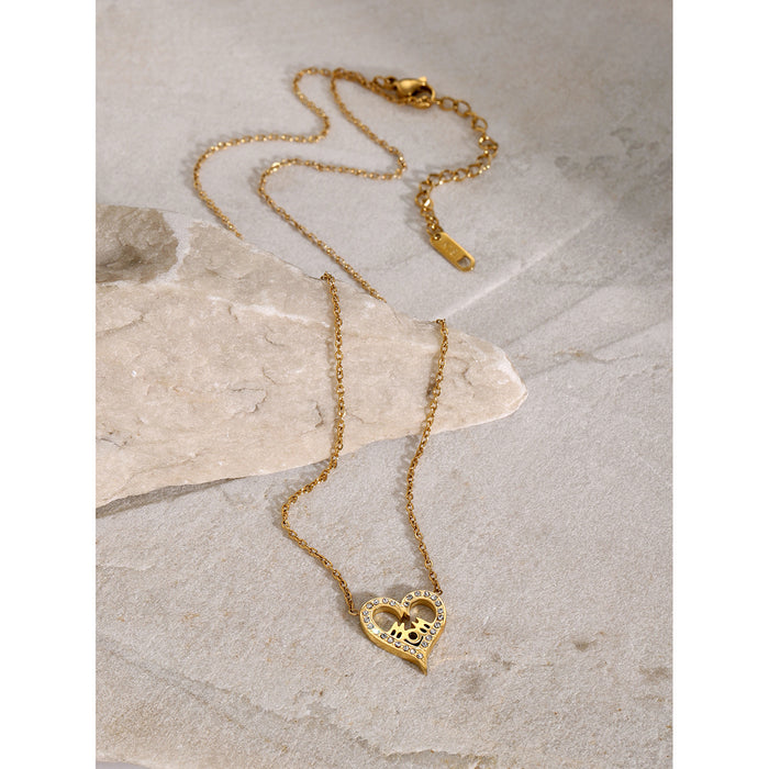 18K Gold-Plated Heart MOM Necklace with Diamond Inlay - Mother's Day Jewelry